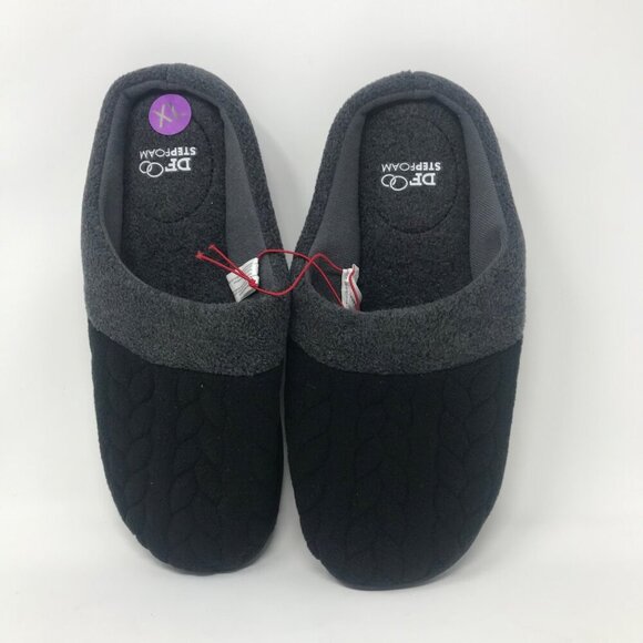 Dearfoams Black Grey Quilted Fleece Knit Sweater Clog Slipper Sie 11-12 XL